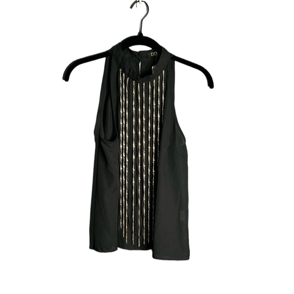 Depri Black Sleeveless Gold Chain Embellished High Neck Blouse Medium